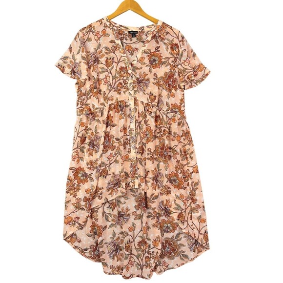 Torrid 1X Babydoll Tunic Top Orange Brown Floral Hi Low Boho Blouse - Picture 2 of 16